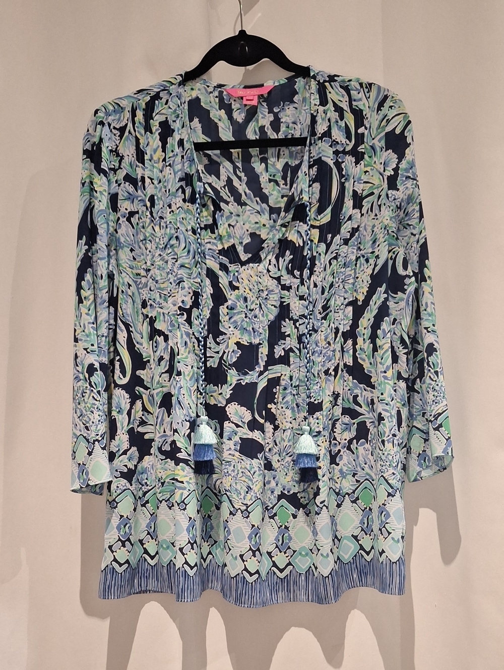 Lilly Pulitzer Marilina Navy Floral Paisley Tunic with Decorative Tassel Tie